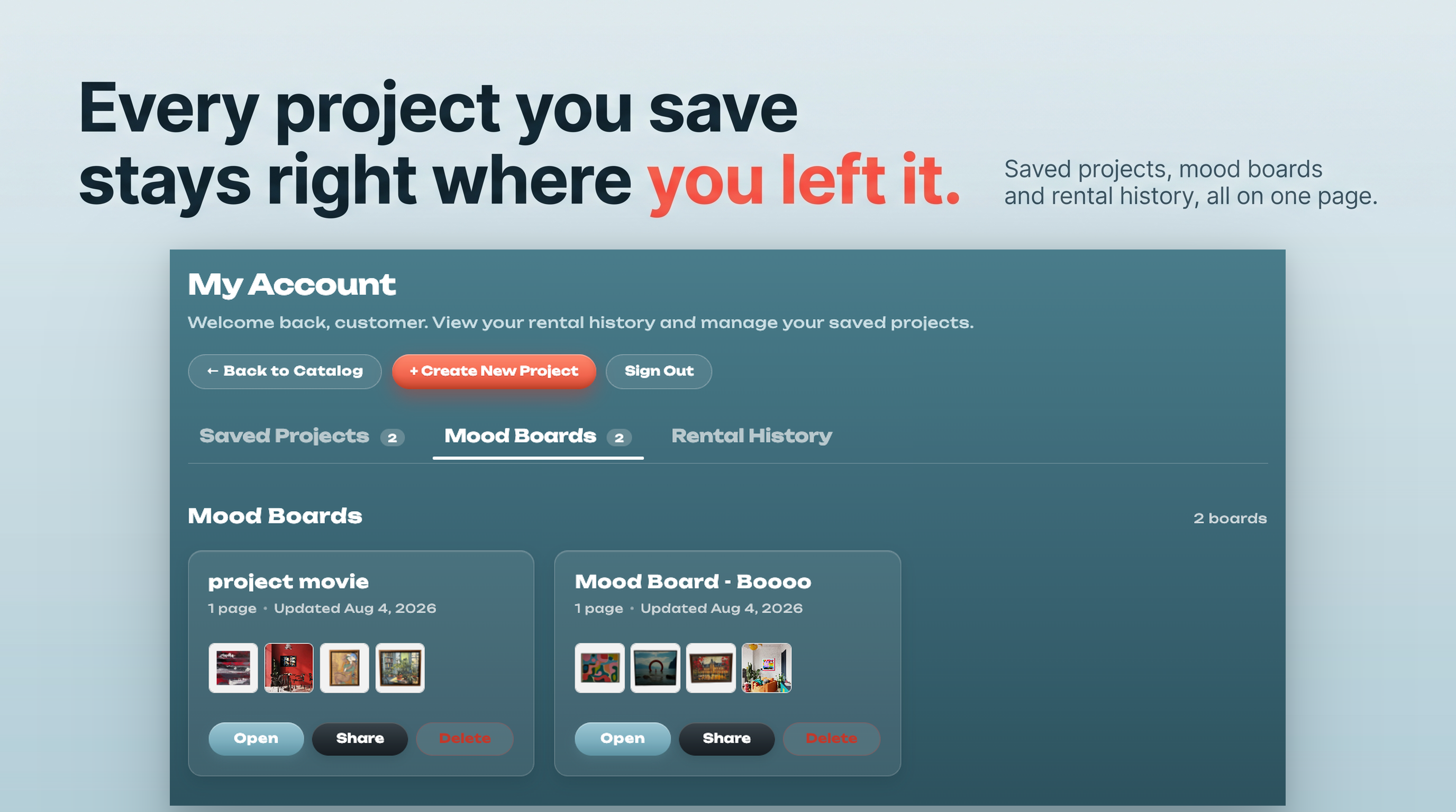 Saved Projects. Save pieces as you browse and send the list over for a quote.